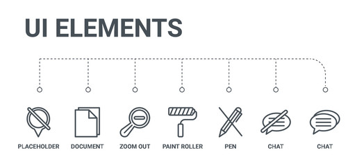 simple set of 7 line icons such as chat, chat, pen, paint roller, zoom out, document, placeholder from ui elements concept on white background