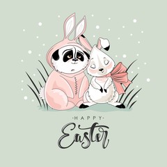 Cute Easter Bunny with a hand-drawn phrase "Happy Easter".Calligraphy brush for invitation and greeting card.