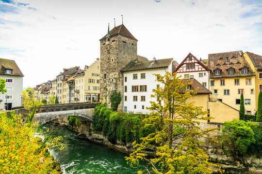 The Black Tower and Aare river in Brugg old town