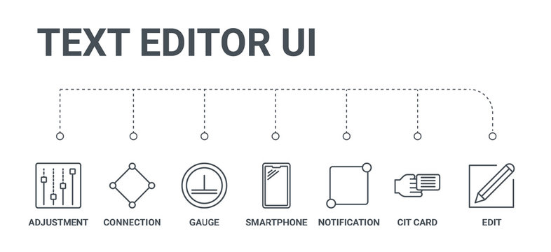 simple set of 7 line icons such as edit, cit card, notification, smartphone, gauge, connection, adjustment from text editor ui concept on white background