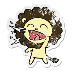 distressed sticker of a cartoon roaring lion