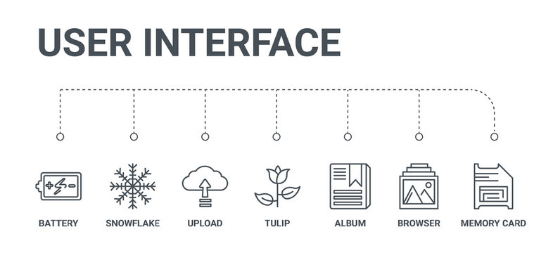 simple set of 7 line icons such as memory card, browser, album, tulip, upload, snowflake, battery from user interface concept on white background