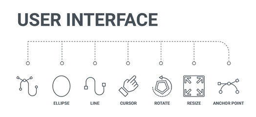 simple set of 7 line icons such as anchor point, resize, rotate, cursor, line, ellipse,   from user...