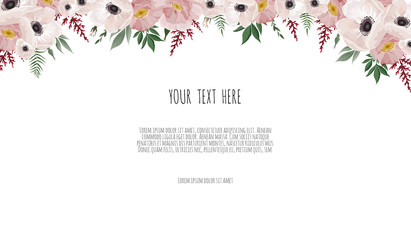 Vector floral design card. Greeting, postcard wedding invite template. Elegant frame with rose and anemone