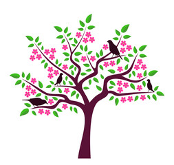 flowering tree and birds