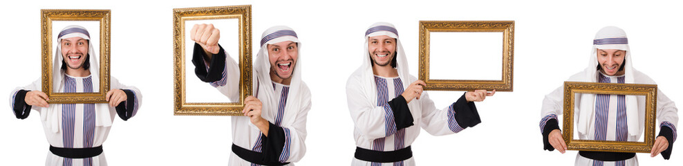 Arab man with picture frame isolated on white