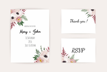 Botanical wedding invitation card template design, white and pink flowers on white background.