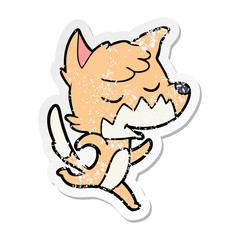 distressed sticker of a friendly cartoon fox