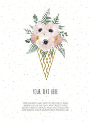 Vector floral design card. Greeting, postcard wedding invite template. Elegant frame with rose and anemone