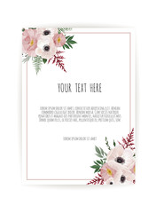 Card with flower rose, leaves. Wedding ornament concept. Floral poster, invite.