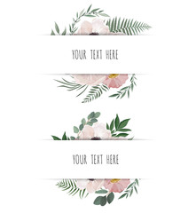 Horisontal botanical vector design banner. Pink rose, eucalyptus, succulents, flowers, greenery. Natural spring card or frame.