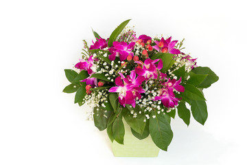 A large beautiful bouquet of pink and white flowers is in a green box on a white background.