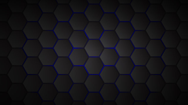 Abstract background of black hexagon tiles with blue gaps between them