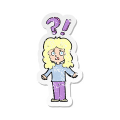 retro distressed sticker of a cartoon confused woman