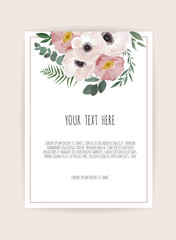 Vector floral design card. Greeting, postcard wedding invite template. Elegant frame with rose and anemone