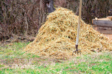Haystack with pitchfork on the farm