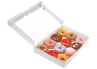 Assorted donuts with different fillings in cardboard box for pastry delivery isolated on white background.  Sweet fast food concept. Tasty dessert doughnuts cake from bakery of breakfast