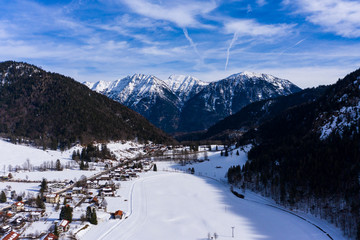 Fototapeta na wymiar Aerial view, Germany, Bavaria, Garmisch-Partenkirchen region, Oberammergau, Ettal, view of the Hohe Kiste