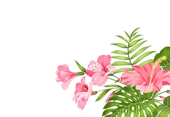 Naklejka na ściany i meble Tropical flower garland isolated over white background. Bouquet of aromatic tropical flowers. Invitation card template with color flowers of alstroemeria. Vector illustration.