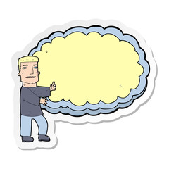 sticker of a cartoon man presenting text space cloud
