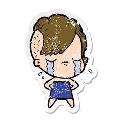 distressed sticker of a cartoon crying girl