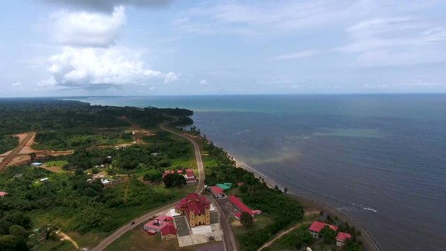 Aerial view. Beautiful church on the Atlantic Ocean coast. Gulf of Guinea. Africa