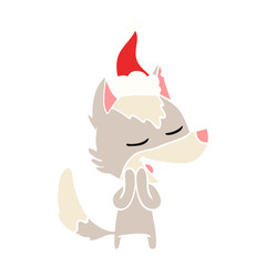 flat color illustration of a wolf laughing wearing santa hat