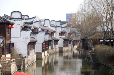 Traditional houses along the Grand Canal, ancient town of Yuehe in Jiaxing, Zhejiang Province, China