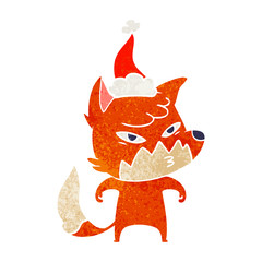 clever retro cartoon of a fox wearing santa hat