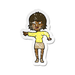 retro distressed sticker of a cartoon woman pointing