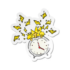 retro distressed sticker of a cartoon ringing alarm clock