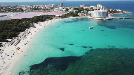 Colonia Sant Jordi, Mallorca Spain. Amazing drone aerial landscape of the charming Estanys beach. Caribbean colors, green and blue