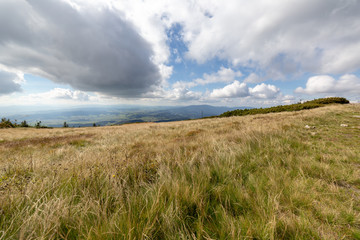 Obraz premium Beskid Mountains landscape, view from hiking trail to Babia Gora Mountain in Poland