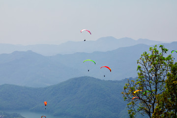 Flying on a paraglider. Beautiful view with mountains and colorful paragliders. Extreme vacation travel