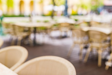 Blur image of coffee shop with bokeh on day time for background usage