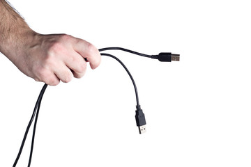 USB cable in man's hand on white background