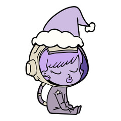 line drawing of a pretty astronaut girl sitting waiting wearing santa hat