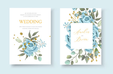 Fototapeta na wymiar Wedding floral golden invitation card envelope save the date with navy blue rose