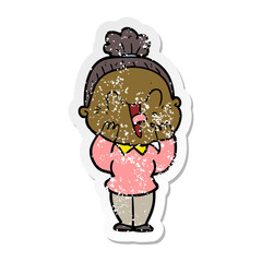 distressed sticker of a cartoon happy old woman