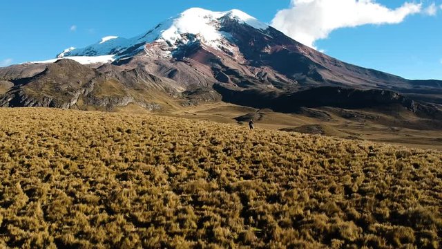 Aerial shot, revealing the Chimborazo vulcano in Ecuador, top covered with snow.