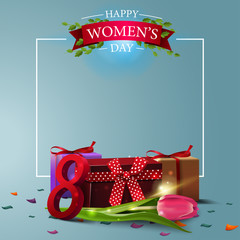 Modern blue greeting postcard template to the women's day with frame to text, gift and Tulip