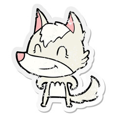distressed sticker of a friendly cartoon wolf