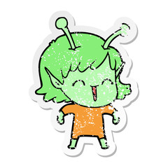 distressed sticker of a cartoon alien girl laughing