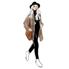 girl with big brown bag wearing designer long coat