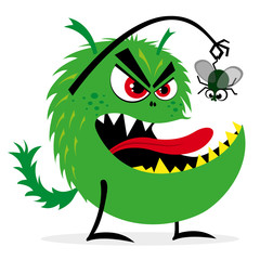 Scary green monster wants to eat a green fly, vector illustration © art_rich