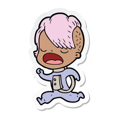 sticker of a cartoon cool hipster girl in space suit