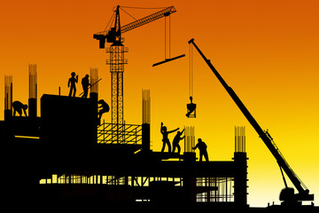 Silhouette illustration on group of builders are working on construction area site in sunset view.