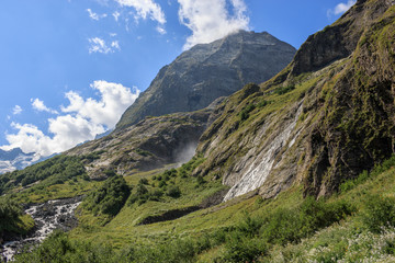 Panorama view of mountains scene in national park of Dombay, Caucasus, Russi