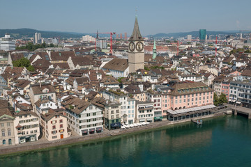 Fototapeta na wymiar Aerial view of historic Zurich city with Fraumunster Church and river Limmat