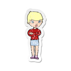 retro distressed sticker of a cartoon annoyed woman